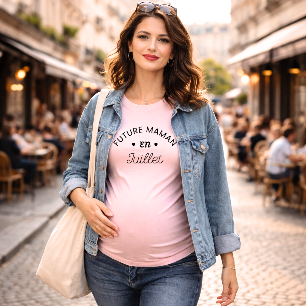 T shirt grossesse "Future maman en JUILLET" - version blanc ou rose
