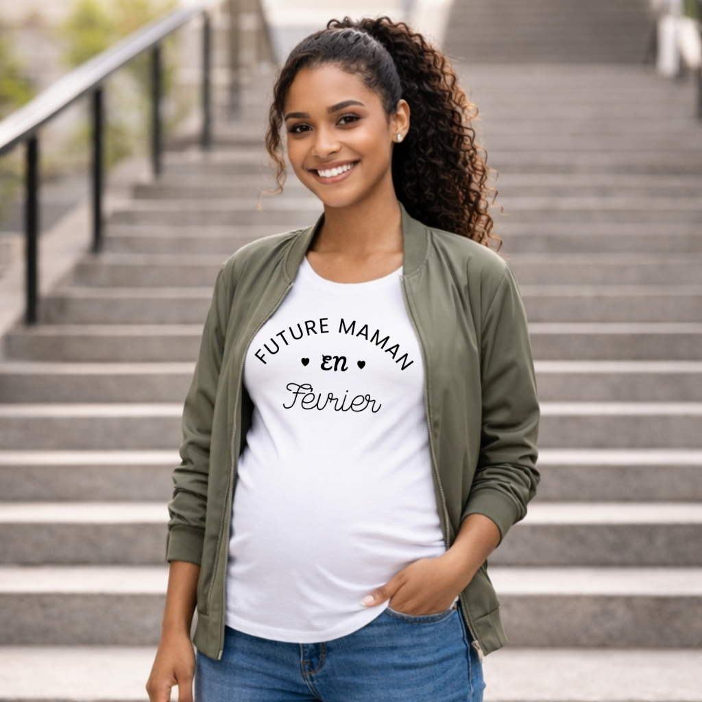 T shirt grossesse "Future maman en FEVRIER" - version blanc ou rose